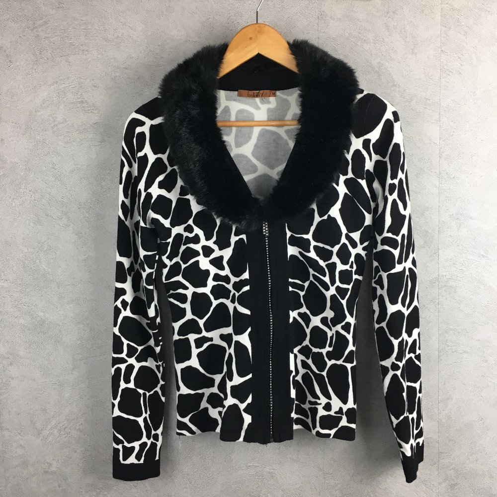 Belldini removeable faux fur collar zip cardigan M Y2K sweater